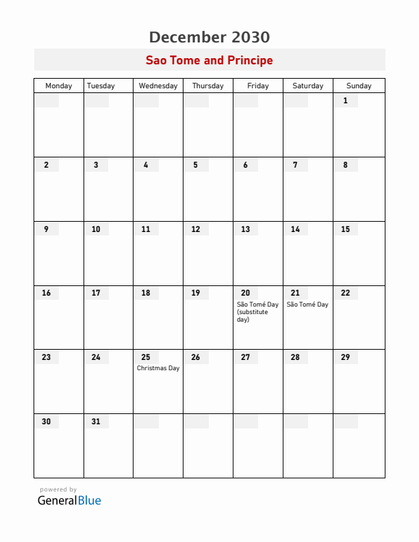 Sao Tome and Principe December 2030 Calendar with Holidays