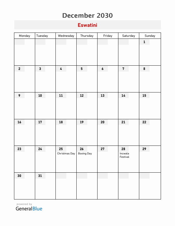 Eswatini December 2030 Calendar with Holidays