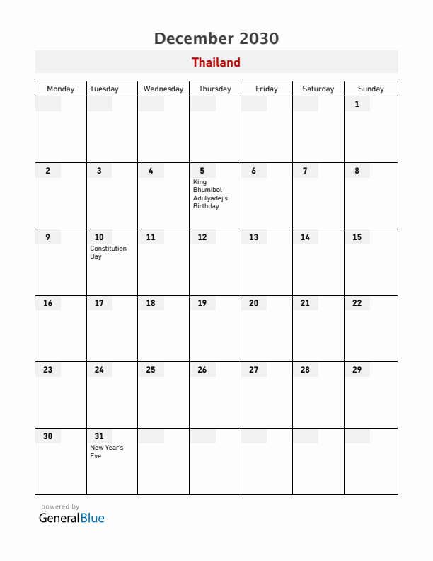 Thailand December 2030 Calendar with Holidays