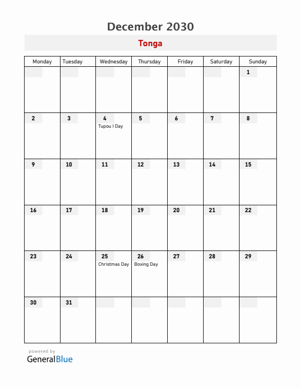 Tonga December 2030 Calendar with Holidays