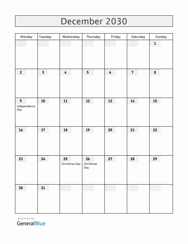 Tanzania December 2030 Calendar with Holidays