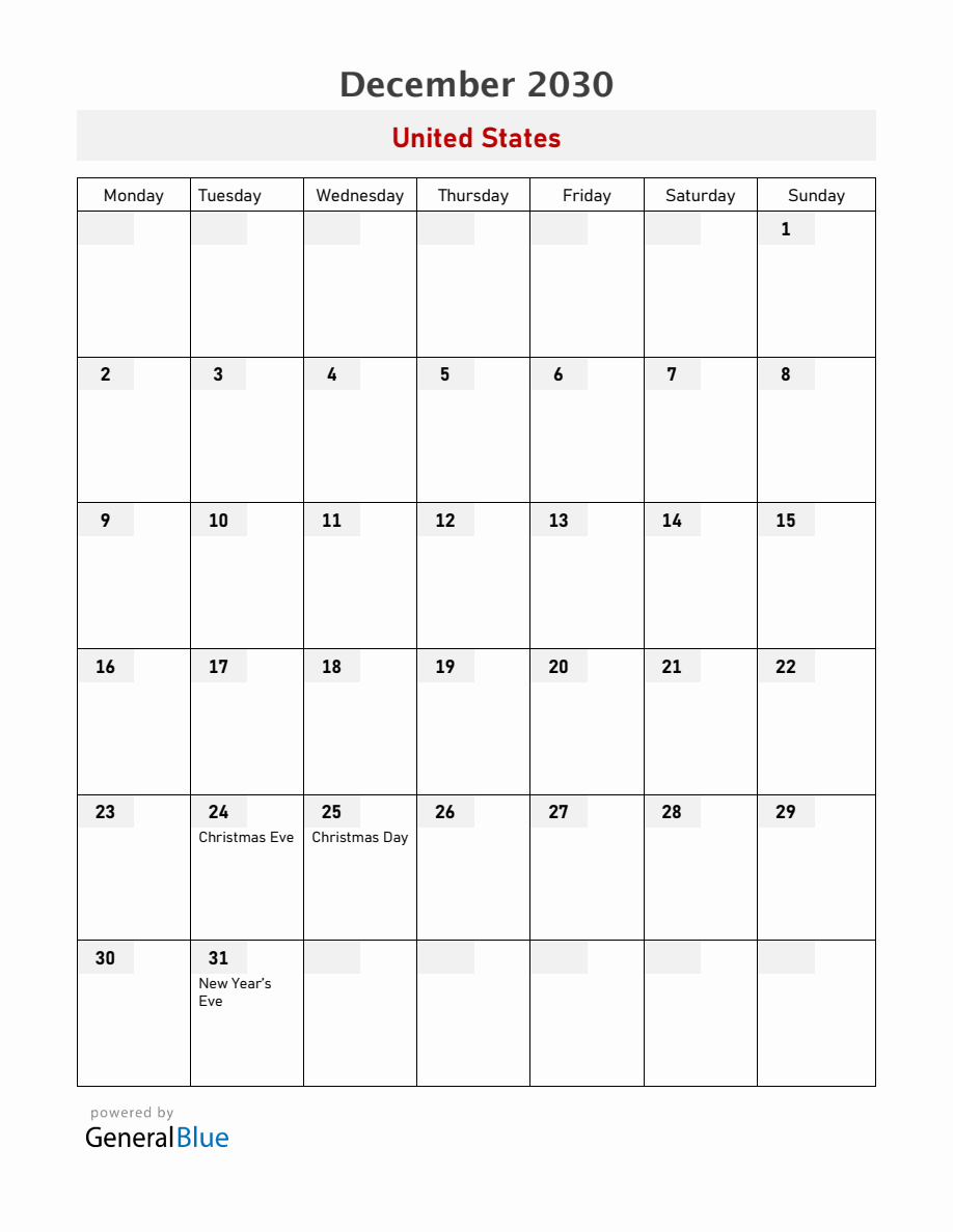 United States December 2030 Calendar with Holidays (Monday Start)