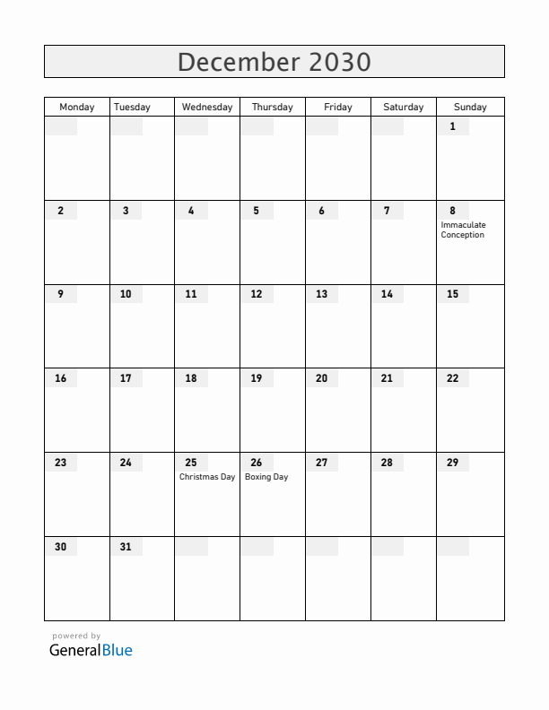 Vatican December 2030 Calendar with Holidays