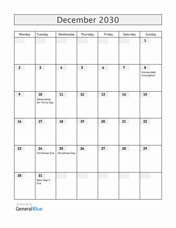 Venezuela December 2030 Calendar with Holidays