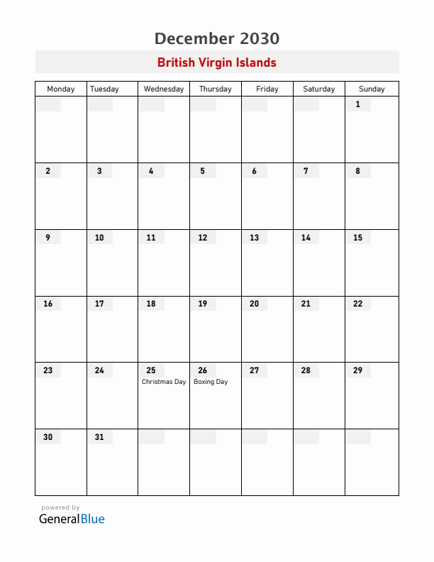 British Virgin Islands December 2030 Calendar with Holidays