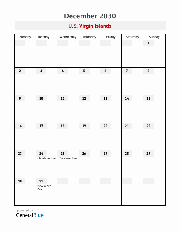 U.S. Virgin Islands December 2030 Calendar with Holidays