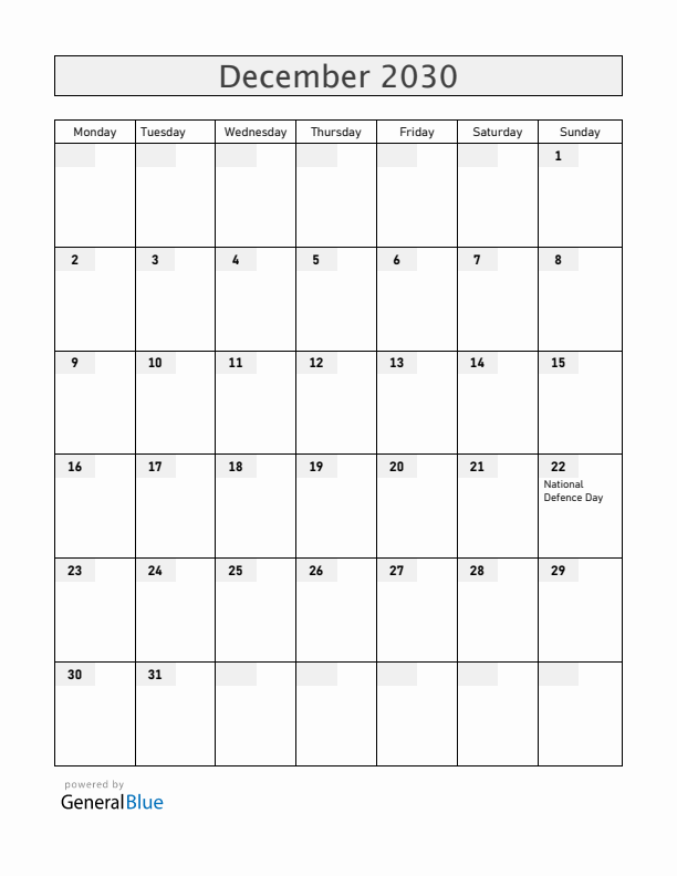 Vietnam December 2030 Calendar with Holidays