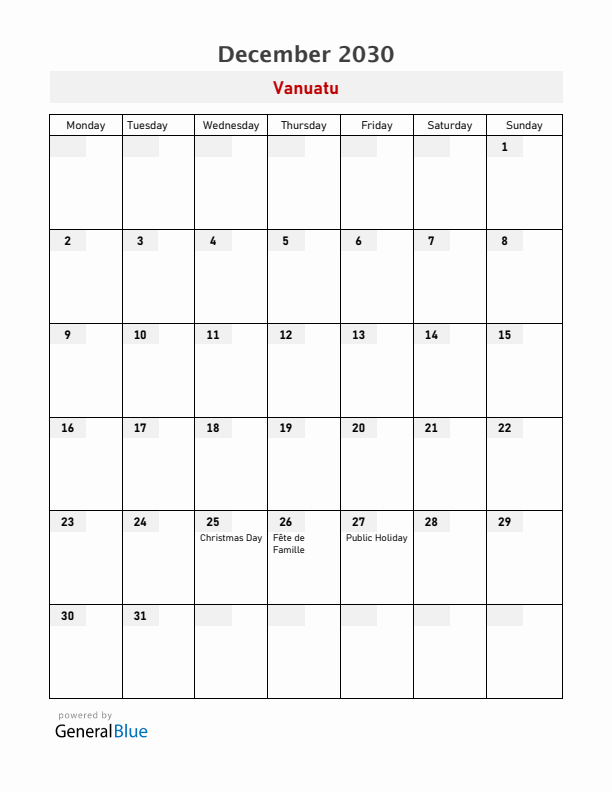 Vanuatu December 2030 Calendar with Holidays