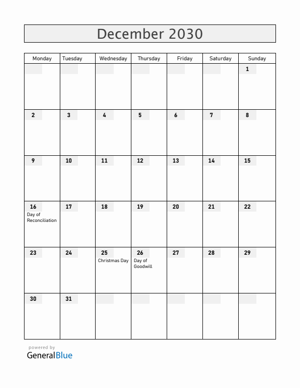 South Africa December 2030 Calendar with Holidays
