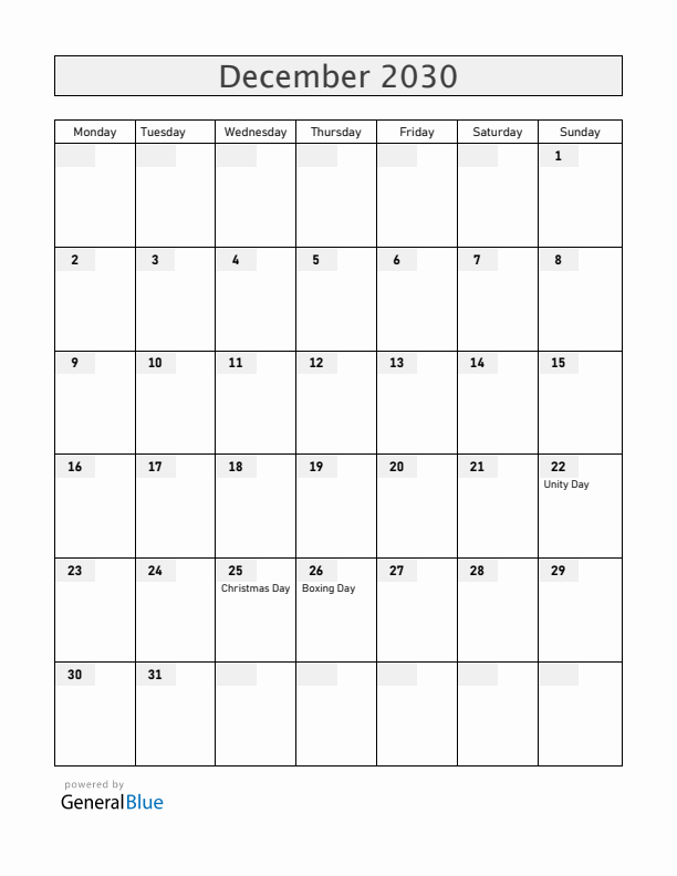 Zimbabwe December 2030 Calendar with Holidays