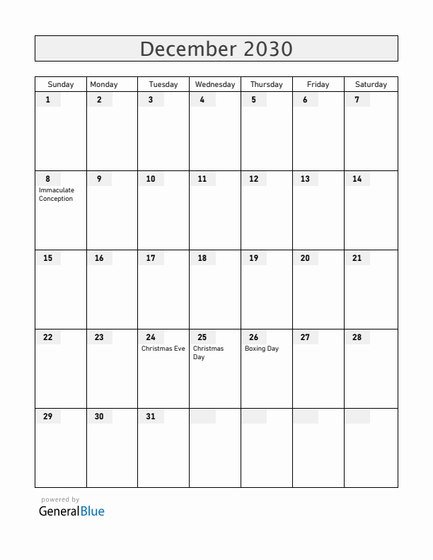 Andorra December 2030 Calendar with Holidays