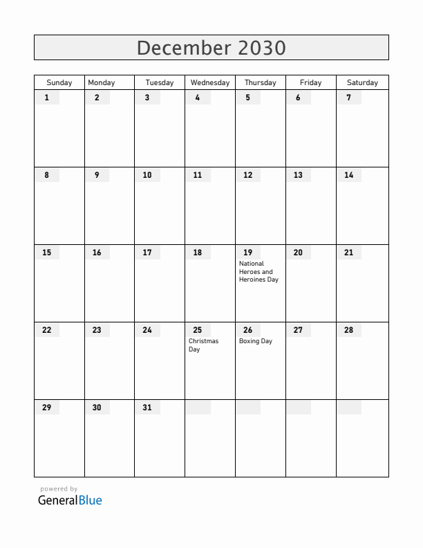 Anguilla December 2030 Calendar with Holidays