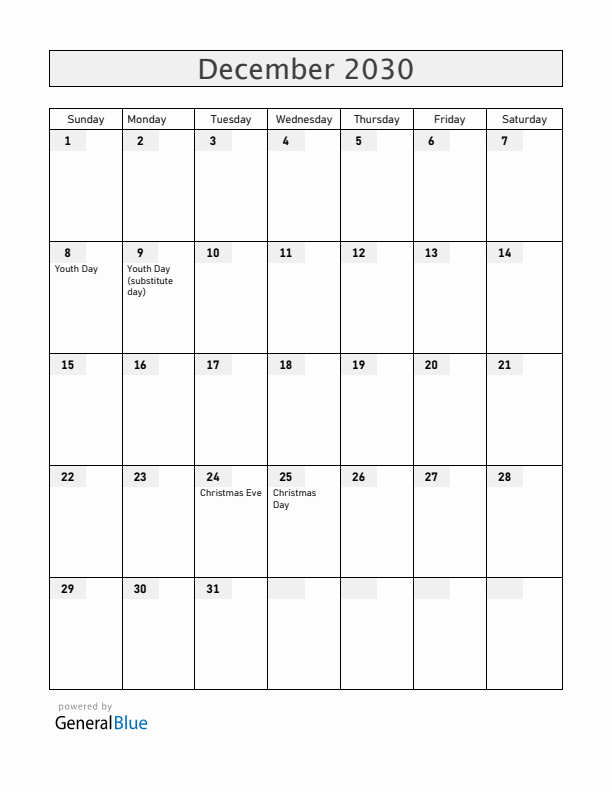 Albania December 2030 Calendar with Holidays