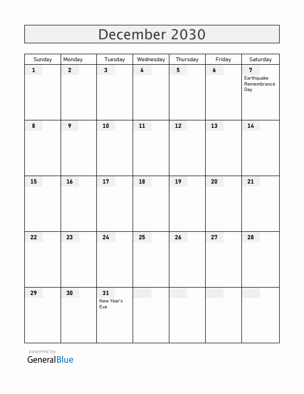 Armenia December 2030 Calendar with Holidays