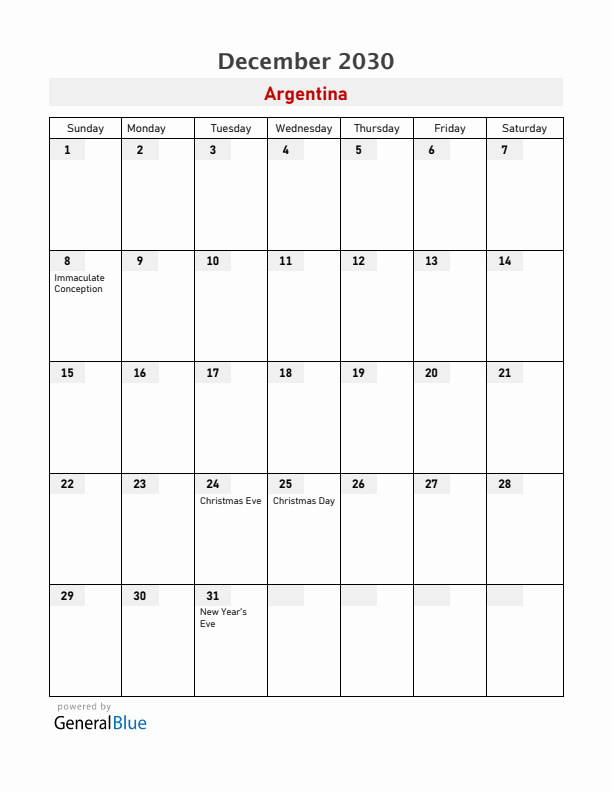 Argentina December 2030 Calendar with Holidays