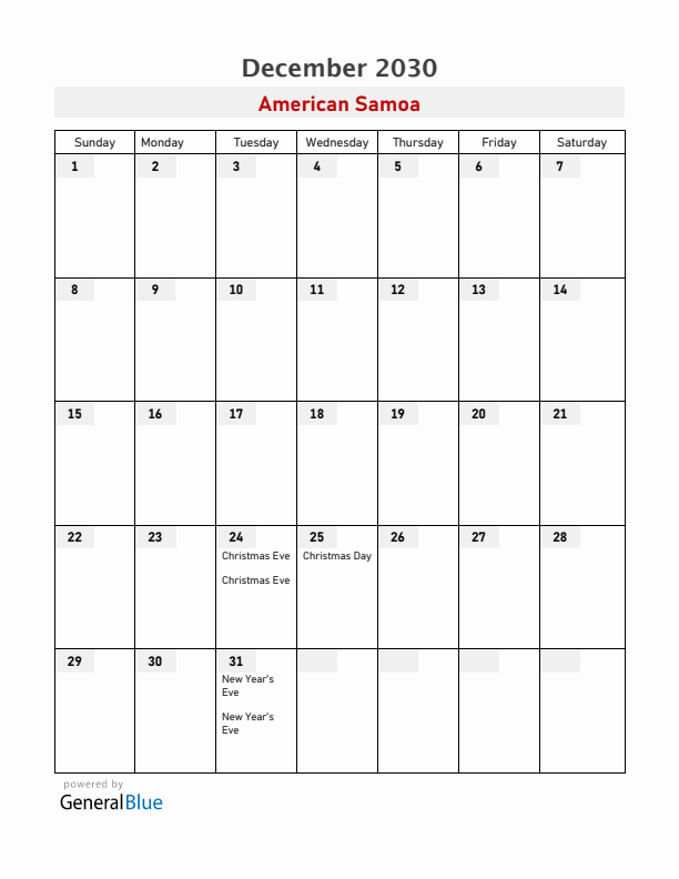 American Samoa December 2030 Calendar with Holidays