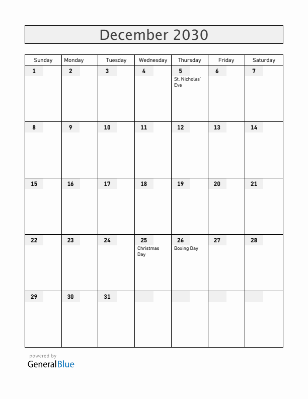 Aruba December 2030 Calendar with Holidays