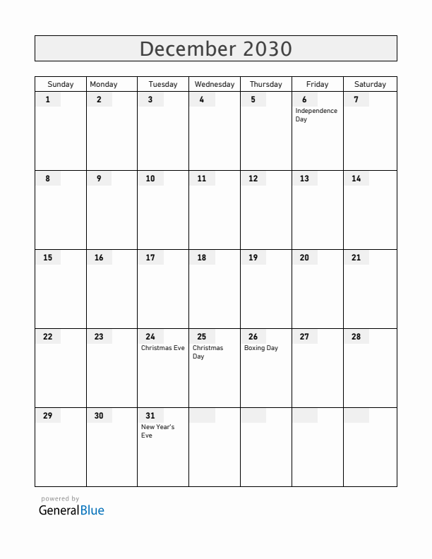 Aland Islands December 2030 Calendar with Holidays