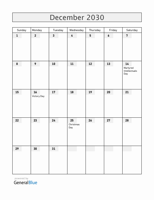 Bangladesh December 2030 Calendar with Holidays