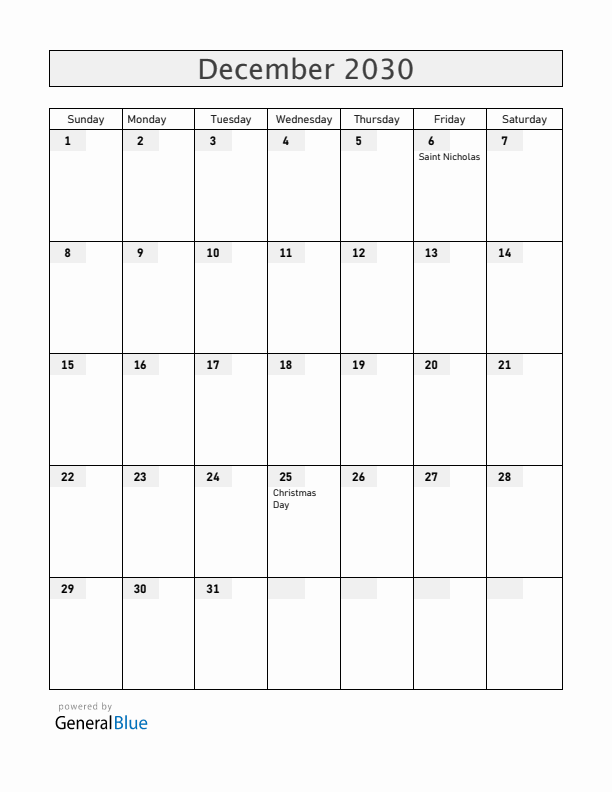 Belgium December 2030 Calendar with Holidays