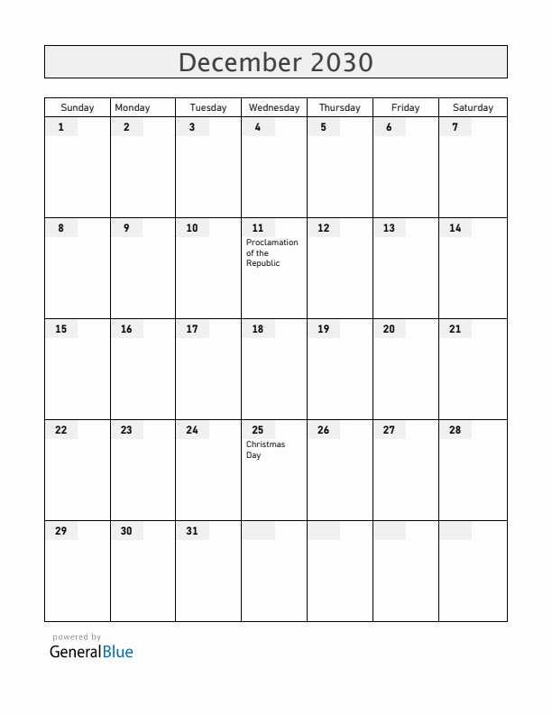 Burkina Faso December 2030 Calendar with Holidays