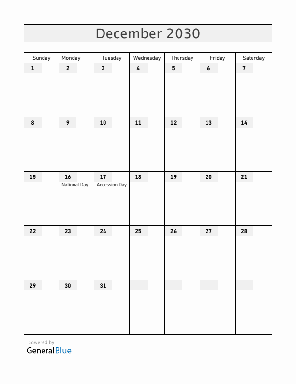 Bahrain December 2030 Calendar with Holidays