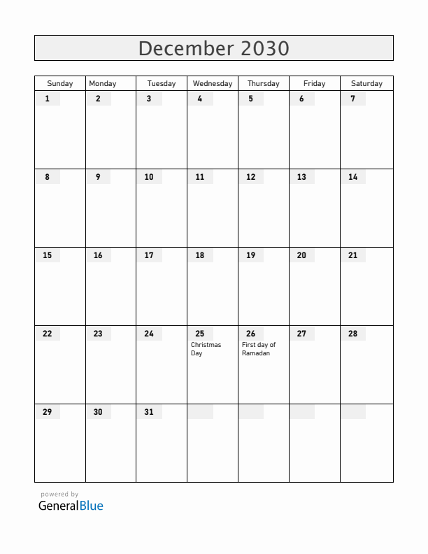 Brunei December 2030 Calendar with Holidays