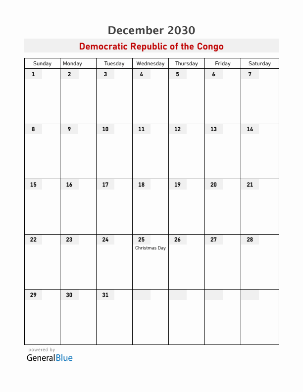 Democratic Republic of the Congo December 2030 Calendar with Holidays