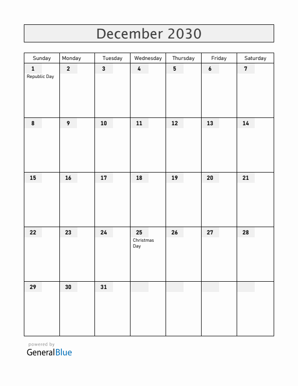 Central African Republic December 2030 Calendar with Holidays