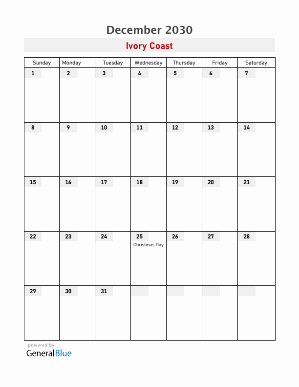 Ivory Coast December 2030 Calendar with Holidays