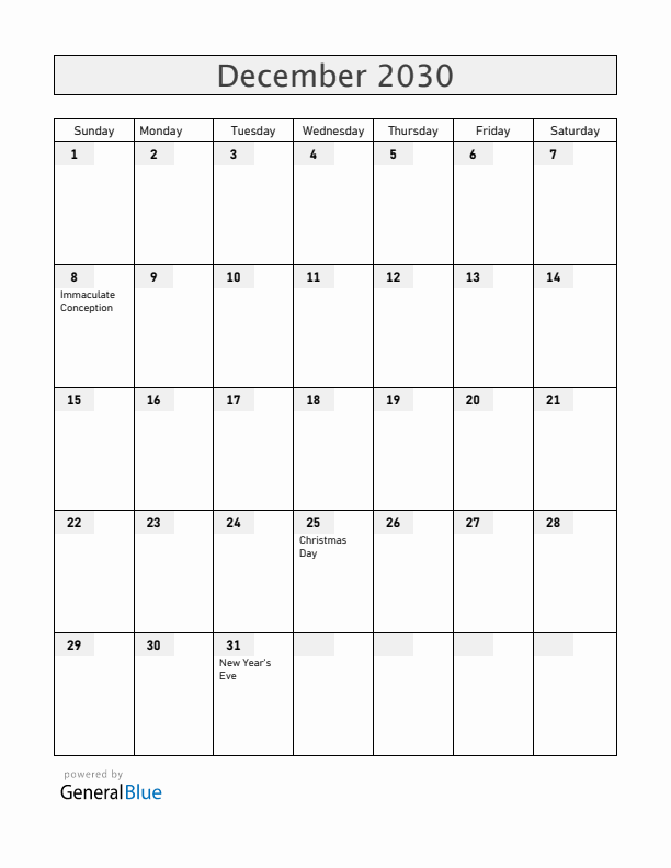 Chile December 2030 Calendar with Holidays