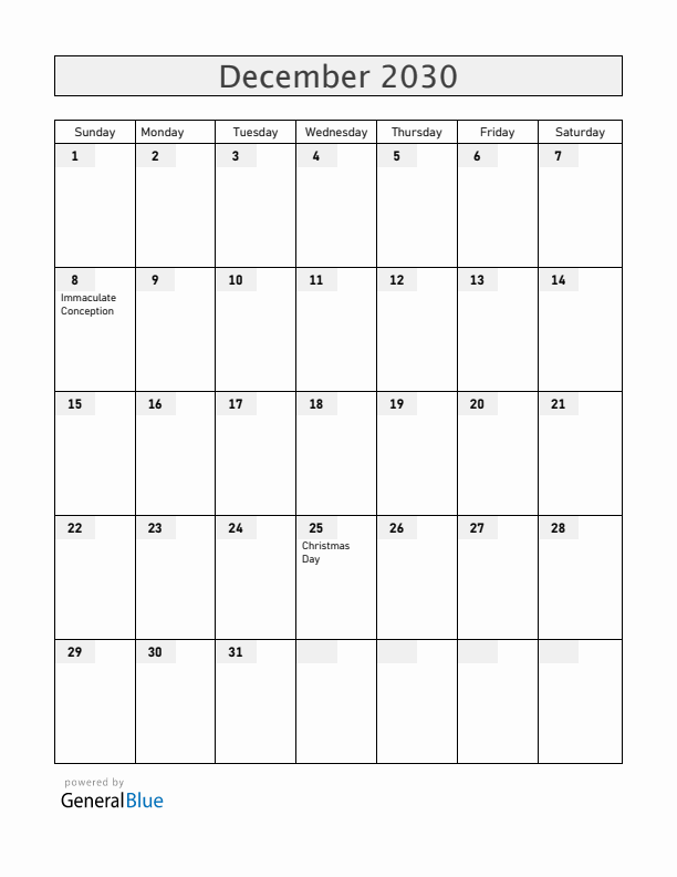Colombia December 2030 Calendar with Holidays
