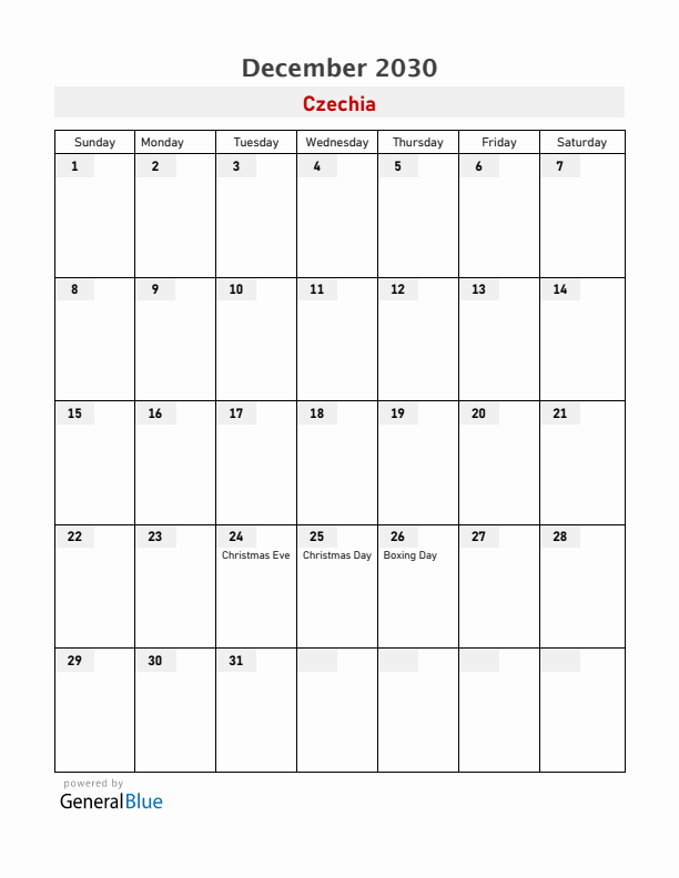 Czechia December 2030 Calendar with Holidays