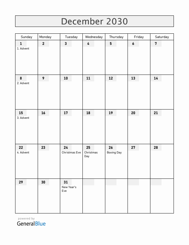 Germany December 2030 Calendar with Holidays