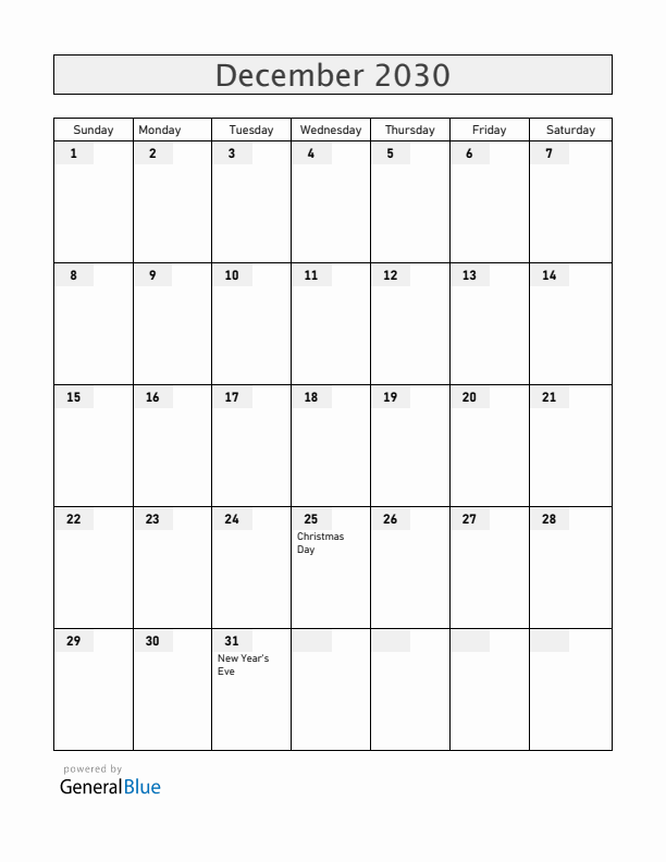 Ecuador December 2030 Calendar with Holidays