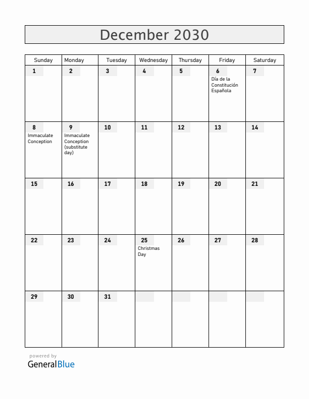 Spain December 2030 Calendar with Holidays
