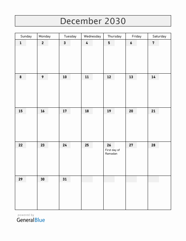Ethiopia December 2030 Calendar with Holidays