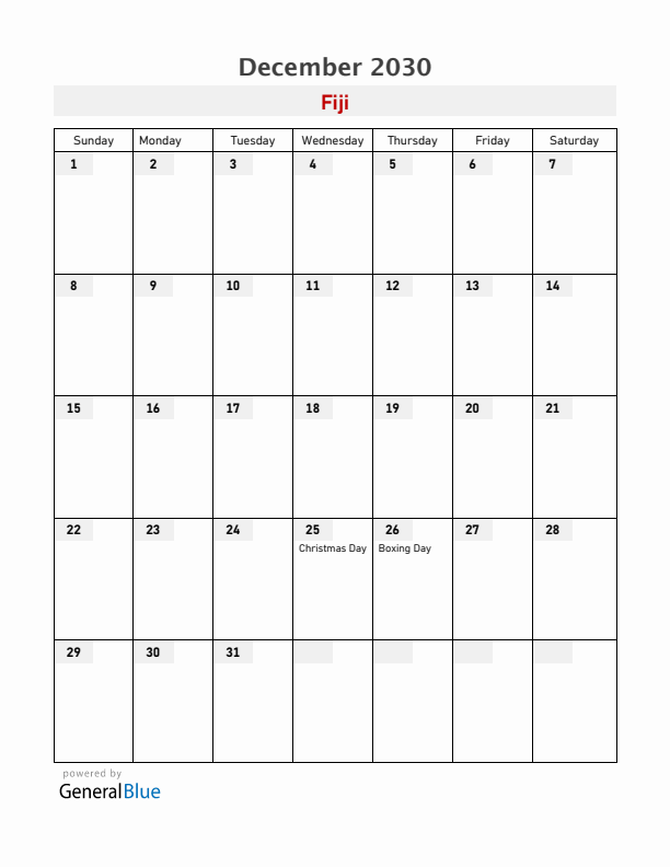 Fiji December 2030 Calendar with Holidays