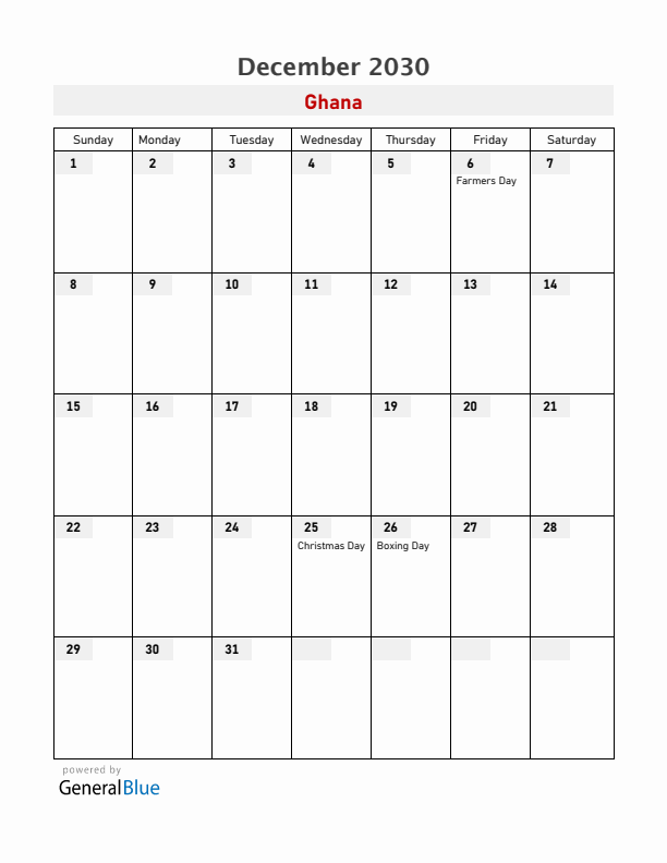 Ghana December 2030 Calendar with Holidays
