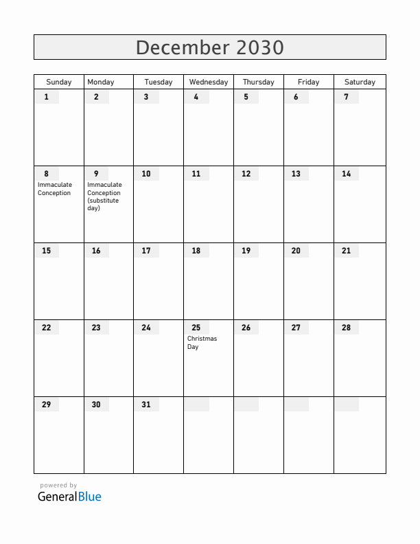 Equatorial Guinea December 2030 Calendar with Holidays