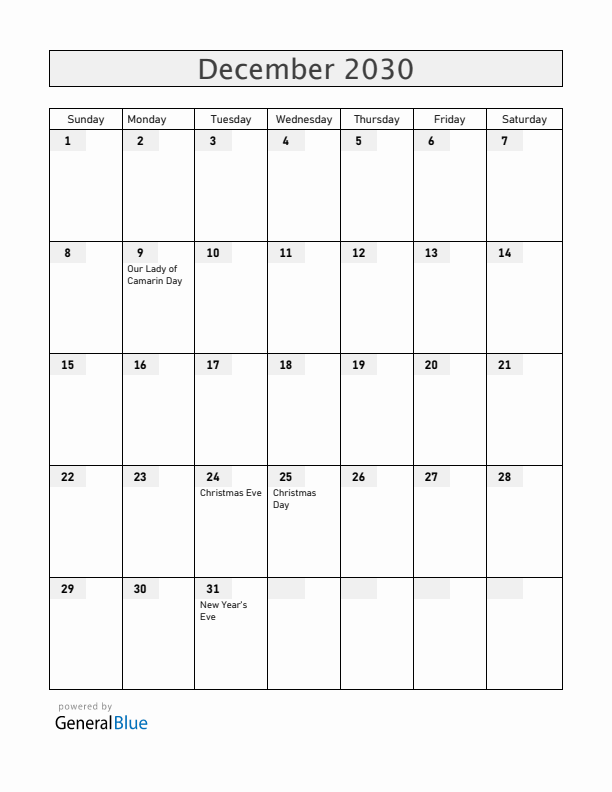 Guam December 2030 Calendar with Holidays
