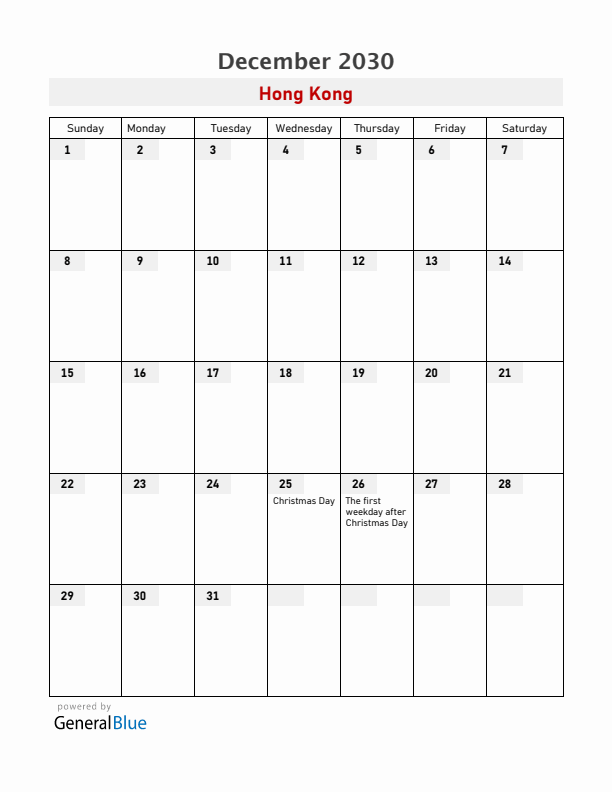 Hong Kong December 2030 Calendar with Holidays