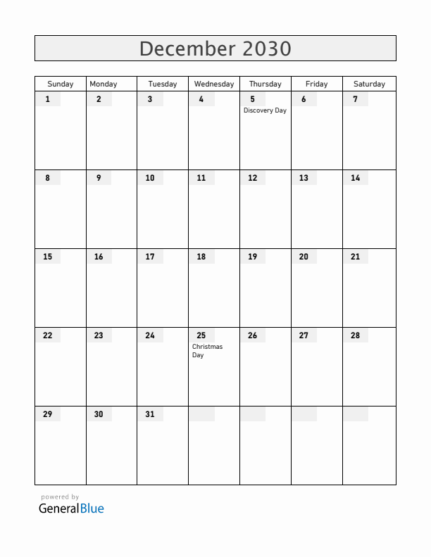 Haiti December 2030 Calendar with Holidays