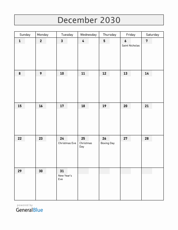 Hungary December 2030 Calendar with Holidays