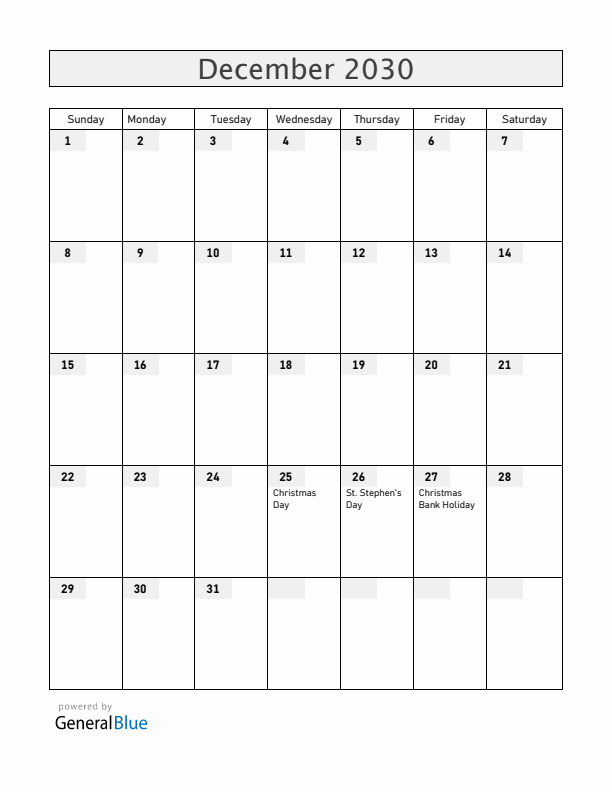 Ireland December 2030 Calendar with Holidays