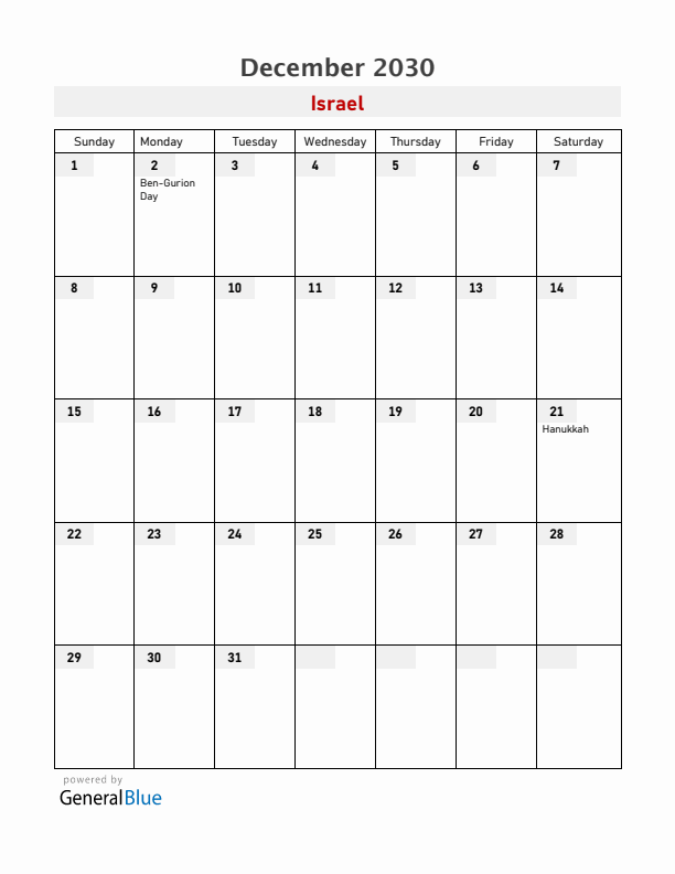 Israel December 2030 Calendar with Holidays