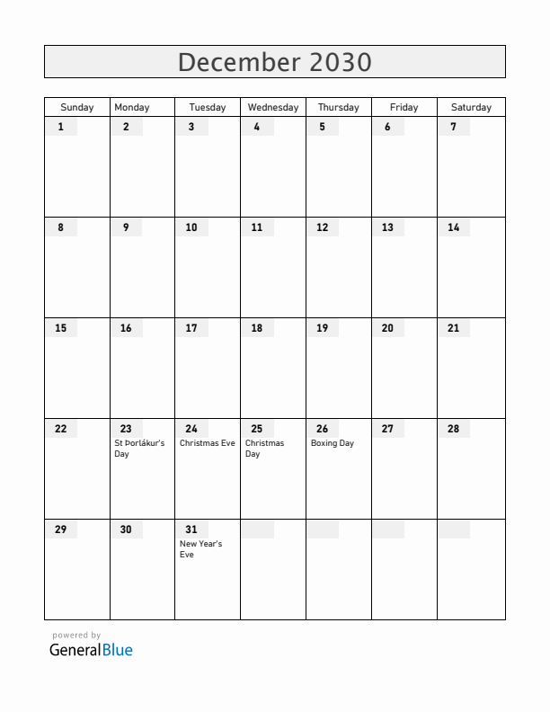 Iceland December 2030 Calendar with Holidays
