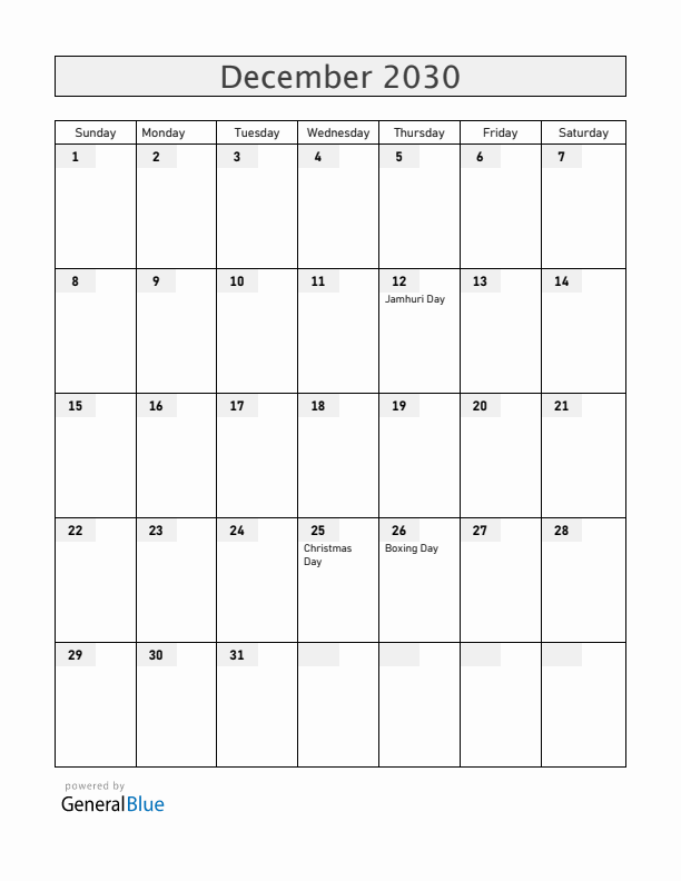 Kenya December 2030 Calendar with Holidays