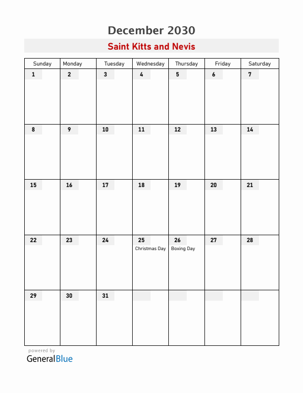 Saint Kitts and Nevis December 2030 Calendar with Holidays