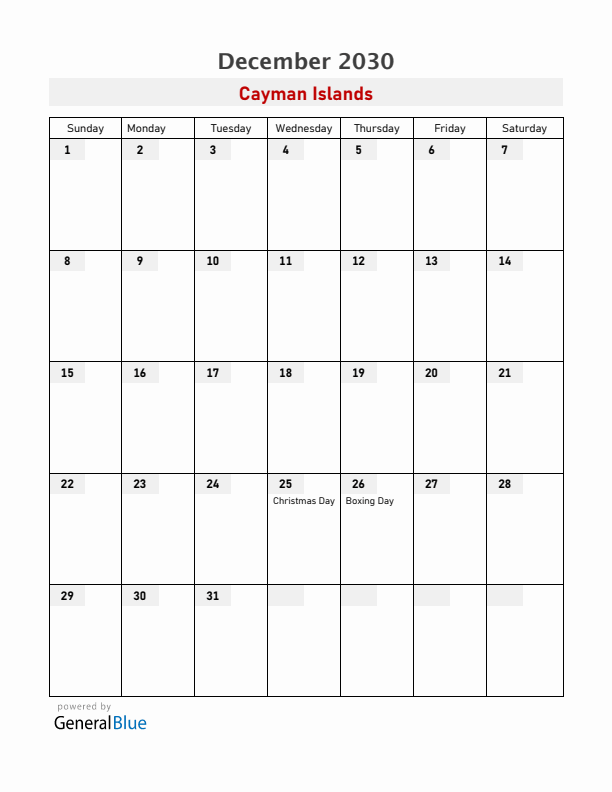Cayman Islands December 2030 Calendar with Holidays